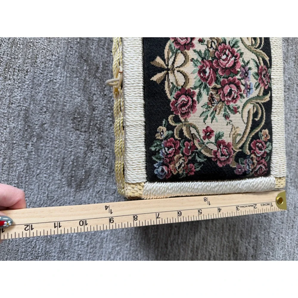 Vintage Wicker Sewing Basket Floral Tapestry Padded Lid Woven Craft Box Gold